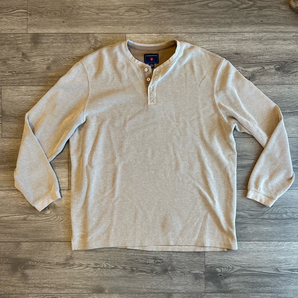 Saddlebred Men’s Long Sleeve Henley Shirt Khaki Tan XL Cotton Blend Split Hem